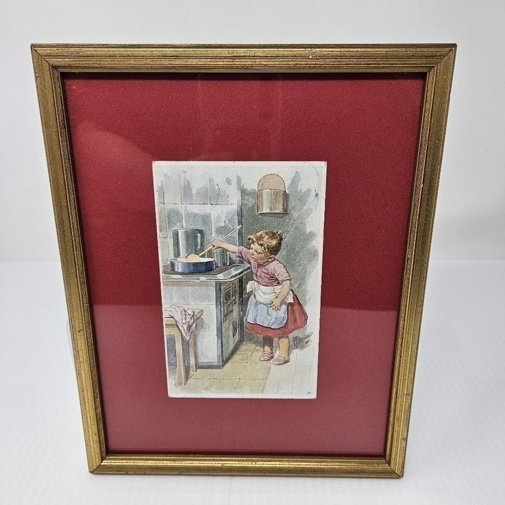 Framed Wall Art Vintage Postcard Girl Cooking Cottagecore Ready To Hang Kitchen